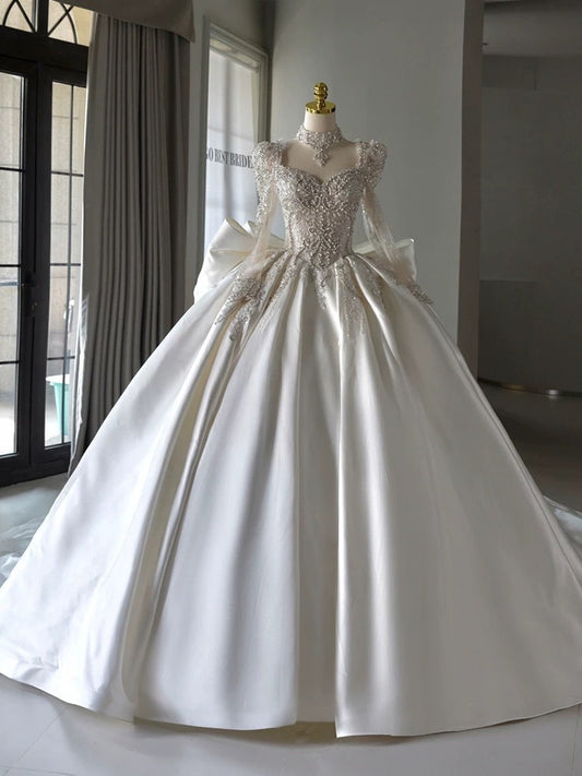 Luxury Ball Gown Sweetheart Neckline Long Sleeves Sequin White Wedding Dresses Brides Dress SD1957