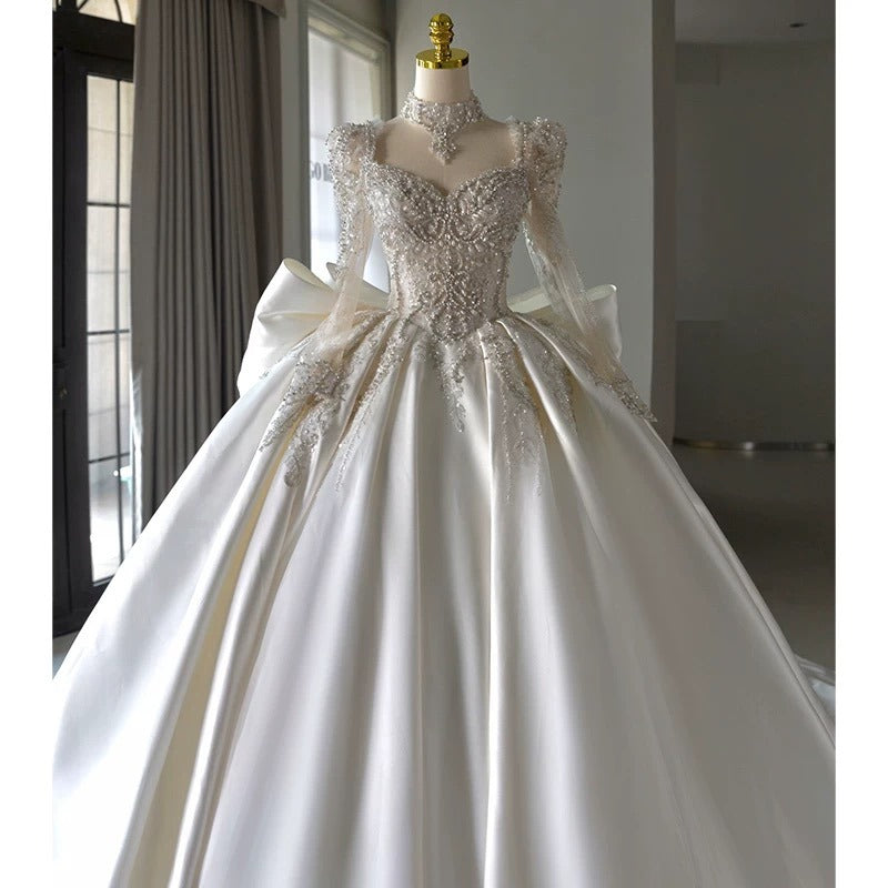 Luxury Ball Gown Sweetheart Neckline Long Sleeves Sequin White Wedding Dresses Brides Dress SD1957