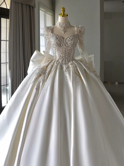 Luxury Ball Gown Sweetheart Neckline Long Sleeves Sequin White Wedding Dresses Brides Dress SD1957