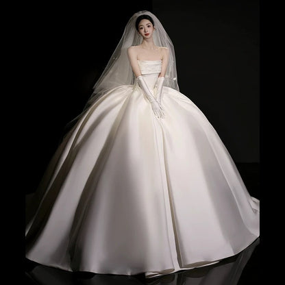 Luxury Ball Gown Strapless Sleeveless Satin White Wedding Dresses Brides Dress SD1959