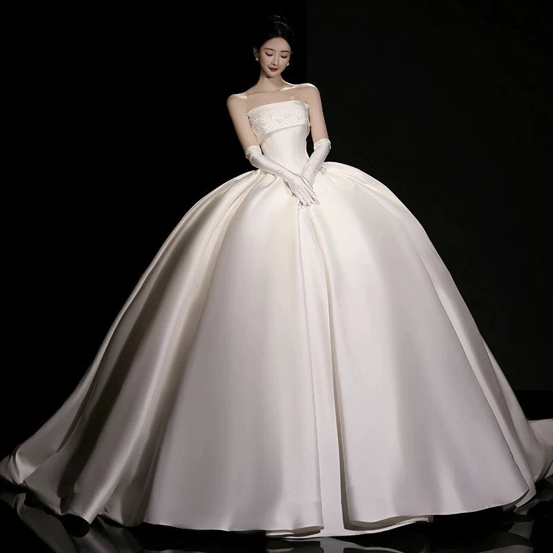 Luxury Ball Gown Strapless Sleeveless Satin White Wedding Dresses Brides Dress SD1959