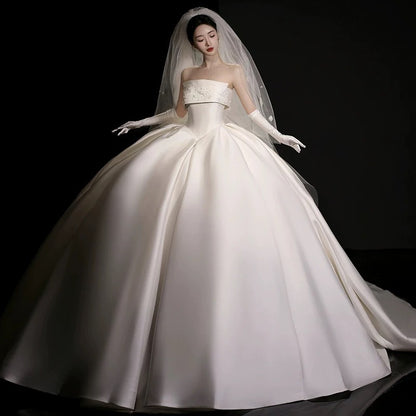 Luxury Ball Gown Strapless Sleeveless Satin White Wedding Dresses Brides Dress SD1959