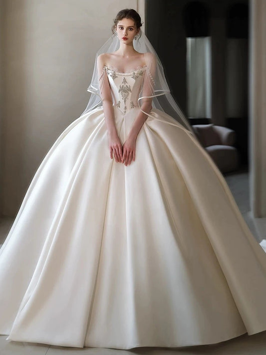 Simple Ball Gown Strapless Sleeveless Satin White Wedding Dresses Brides Dress SD1958