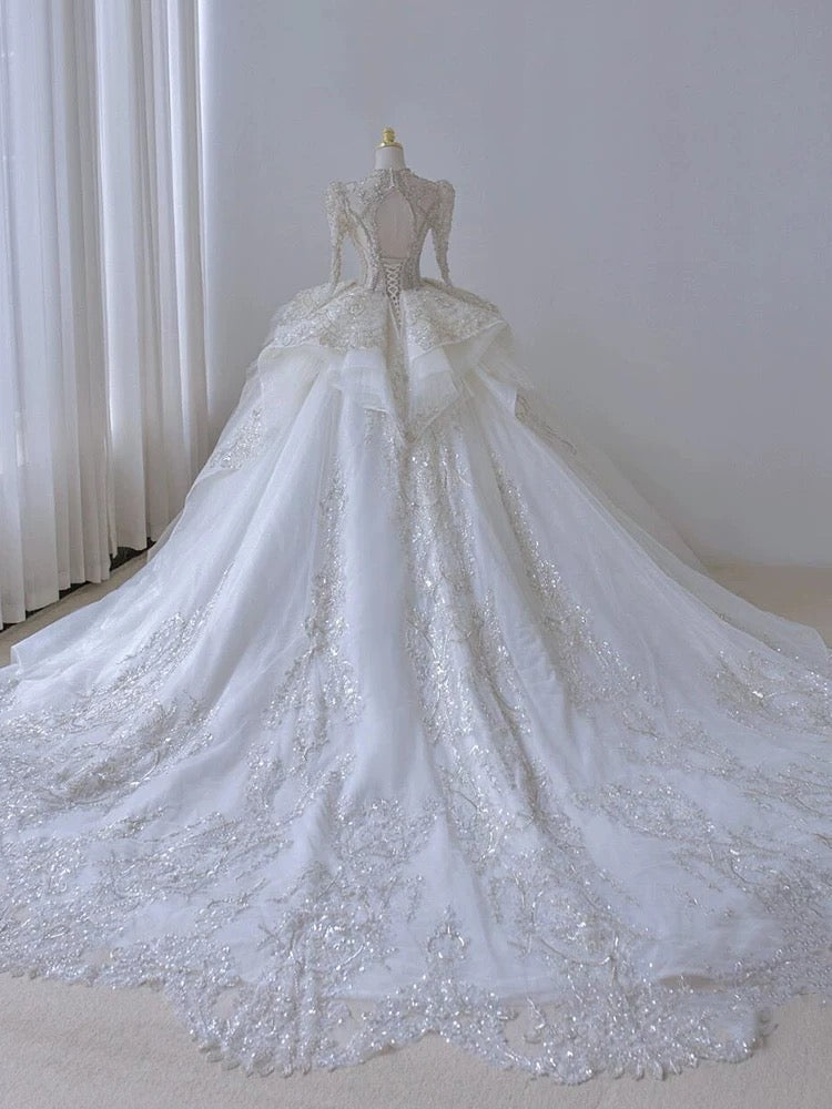 Timeless Ball Gown Scoop Long Sleeves Lace White Wedding Dresses Brides Dress SD1961