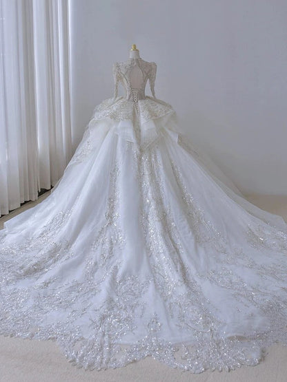 Timeless Ball Gown Scoop Long Sleeves Lace White Wedding Dresses Brides Dress SD1961