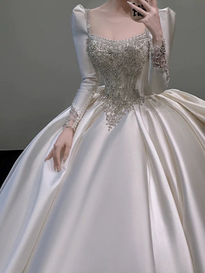 Classy Ball Gown Square Neckline Long Sleeves Sequin White Wedding Dresses Brides Dress SD1962