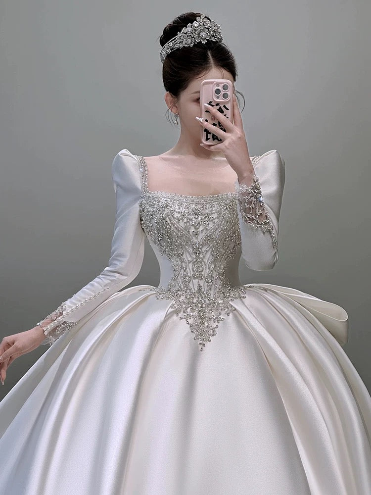 Classy Ball Gown Square Neckline Long Sleeves Sequin White Wedding Dresses Brides Dress SD1962