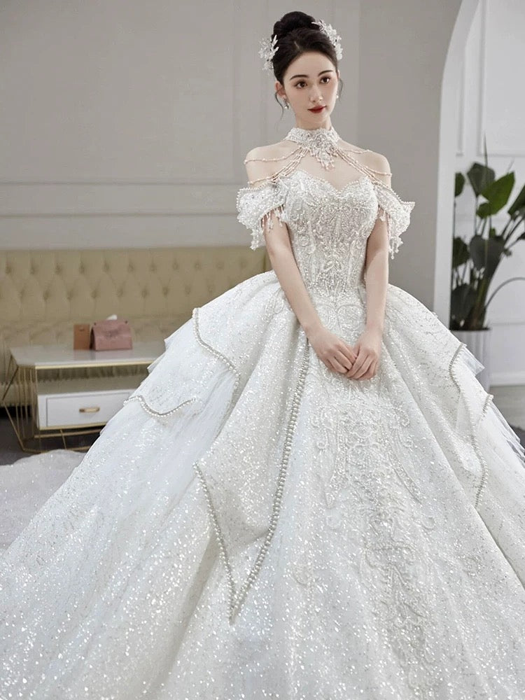 Classy Ball Gown Strapless Neckline Long Sleeves Sequin White Wedding Dresses Brides Dress SD1963