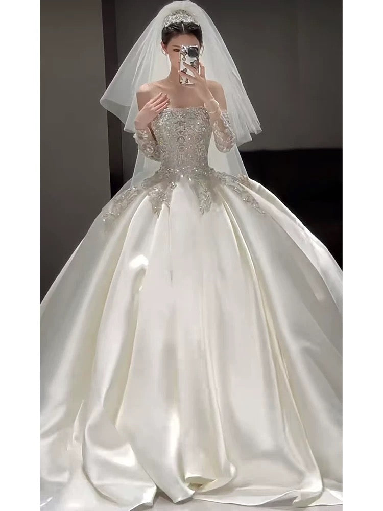 Classy Ball Gown Strapless Neckline Long Sleeves Sequin White Wedding Dresses Brides Dress SD1963