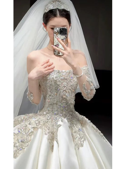 Classy Ball Gown Strapless Neckline Long Sleeves Sequin White Wedding Dresses Brides Dress SD1963