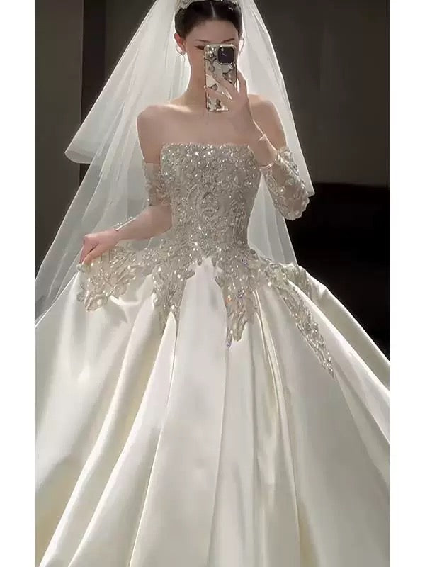 Classy Ball Gown Strapless Neckline Long Sleeves Sequin White Wedding Dresses Brides Dress SD1963