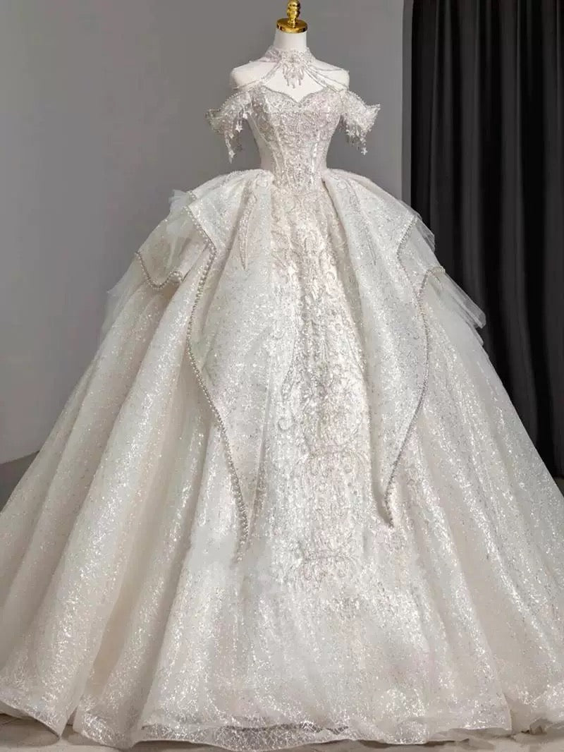 Timeless Ball Gown Sweetheart Short Sleeves Lace White Wedding Dresses Brides Dress SD1964