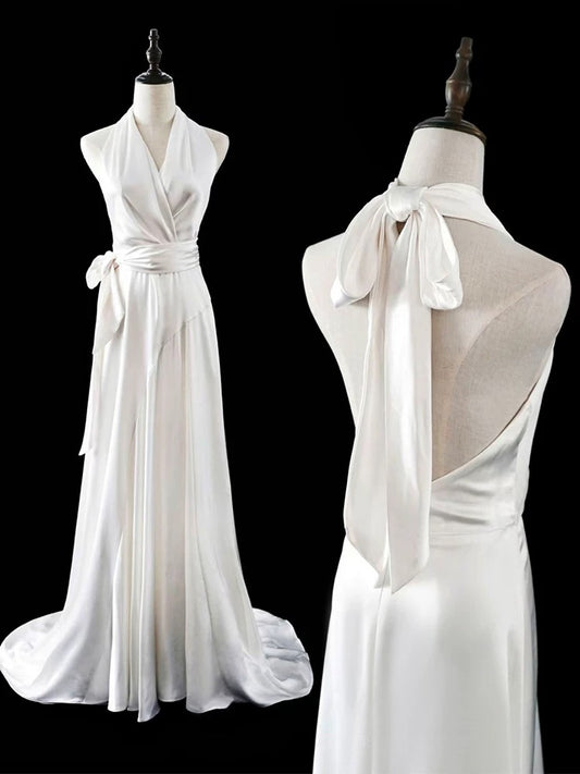 Timeless A line Halter Satin White Wedding Dresses Brides Dress SD1966