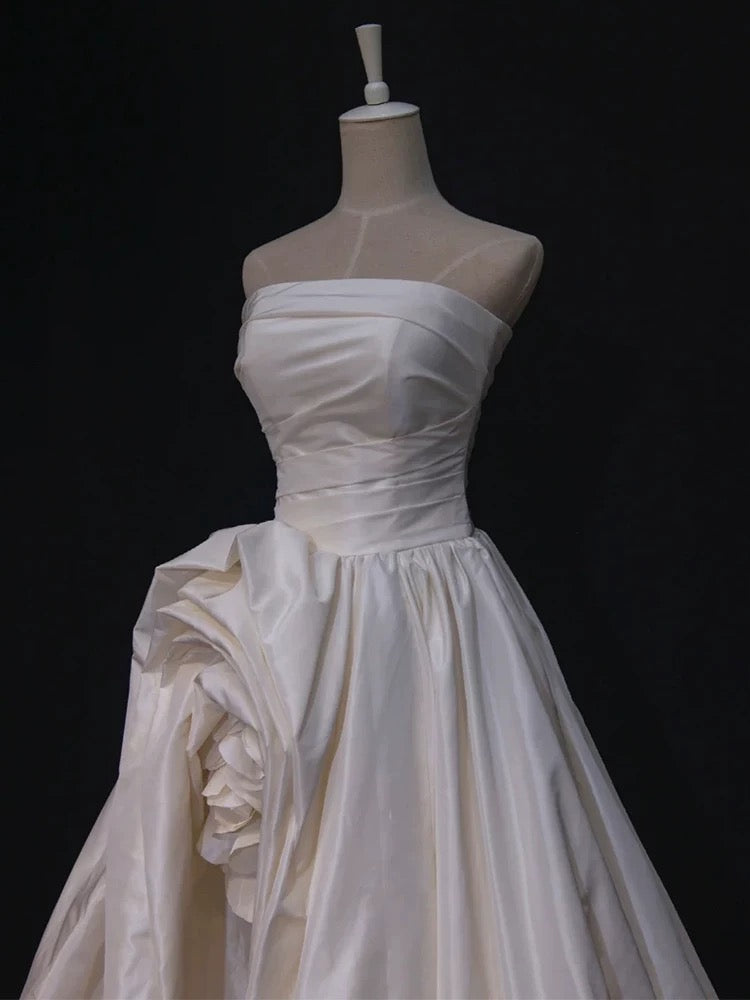 Timeless High Low Strapless Satin Ivory Wedding Dresses Brides Dress SD1969