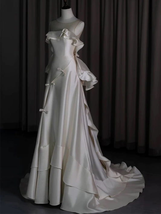 Classy Ball Gown Scoop Satin Ruffles Ivory Wedding Dresses Brides Dress SD1972