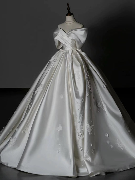 Timeless Ball Gown Off The Shoulder White Satin Long Wedding Dresses Bridal Dress SD1973