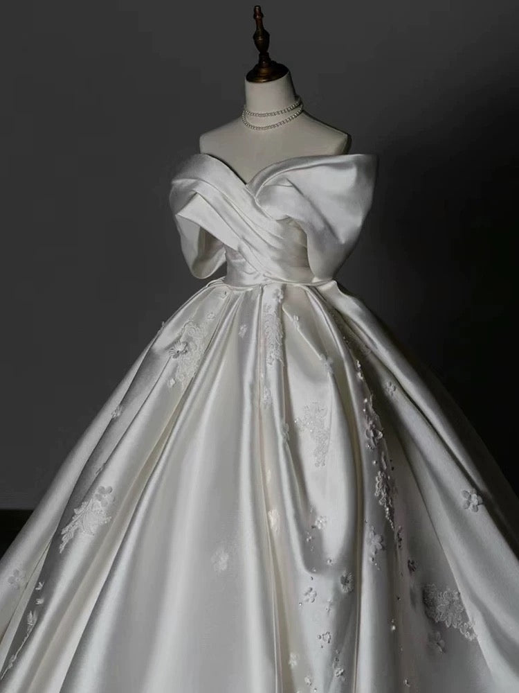 Timeless Ball Gown Off The Shoulder White Satin Long Wedding Dresses Bridal Dress SD1973