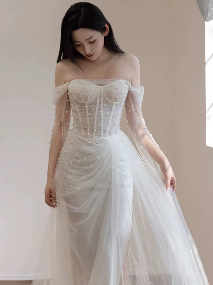 Timeless Mermaid Off The Shoulder White Tulle Long Wedding Dresses Bridal Dress SD1975