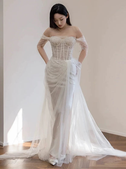 Timeless Mermaid Off The Shoulder White Tulle Long Wedding Dresses Bridal Dress SD1975