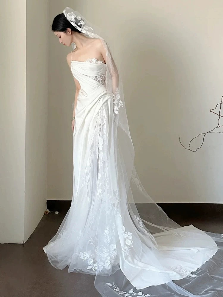 Timeless A line One Shoulder Lace Satin White Wedding Dresses Brides Dress SD1976