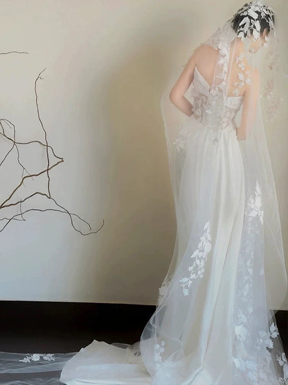 Timeless A line One Shoulder Lace Satin White Wedding Dresses Brides Dress SD1976