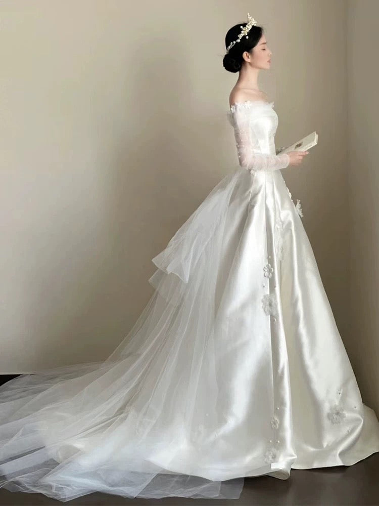 Timeless Ball Gown Off The Shoulder White Tulle Long Wedding Dresses Bridal Dress SD1977