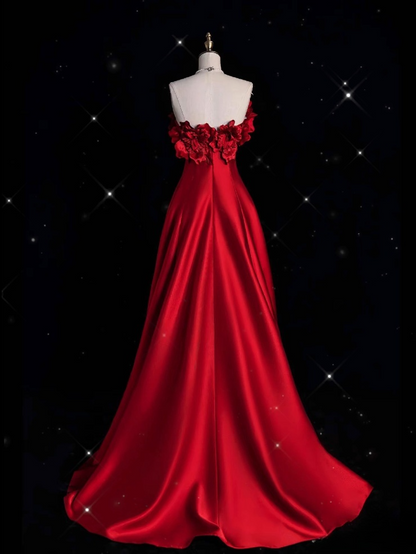 Pretty A line Strapless Satin Long Red Prom Dress Evening Dress Formal Dress SD1978