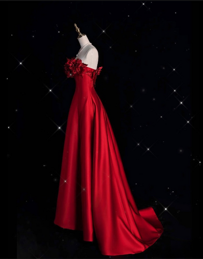 Pretty A line Strapless Satin Long Red Prom Dress Evening Dress Formal Dress SD1978