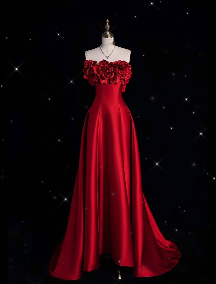 Pretty A line Strapless Satin Long Red Prom Dress Evening Dress Formal Dress SD1978