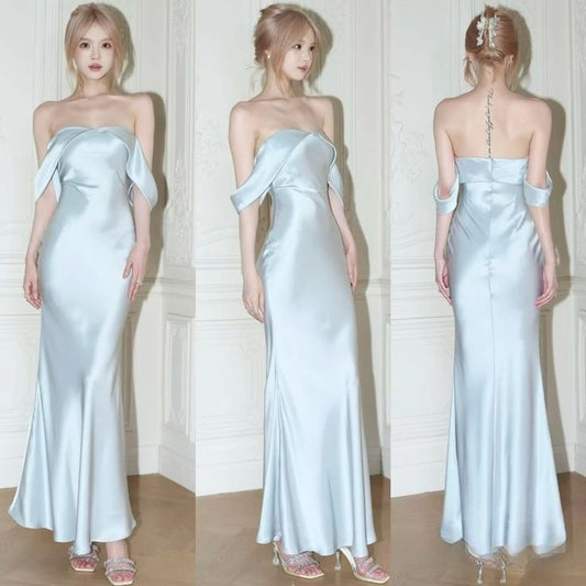 Mermaid Off The Shoulder Floor-length Sleeveless Light Sky Blue Prom Dresses SD1999