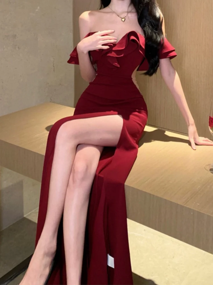 Mermaid Off The Shoulder Floor-length Burgundy Satin Slit Prom Dresses SD2005