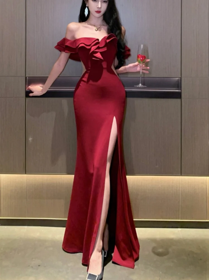 Mermaid Off The Shoulder Floor-length Burgundy Satin Slit Prom Dresses SD2005