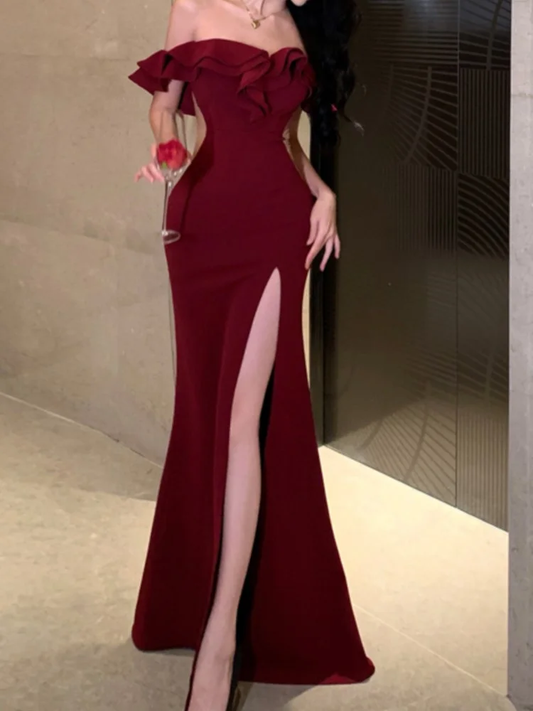 Mermaid Off The Shoulder Floor-length Burgundy Satin Slit Prom Dresses SD2005