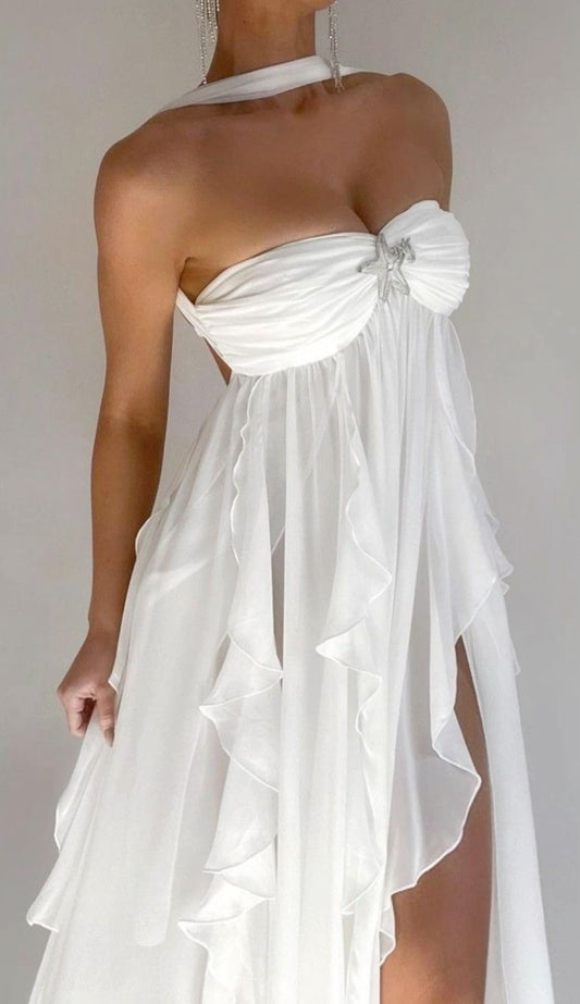 Sexy A Line Sweetheart Neckline Sleeveless White Chiffon Prom Dresses SD2009