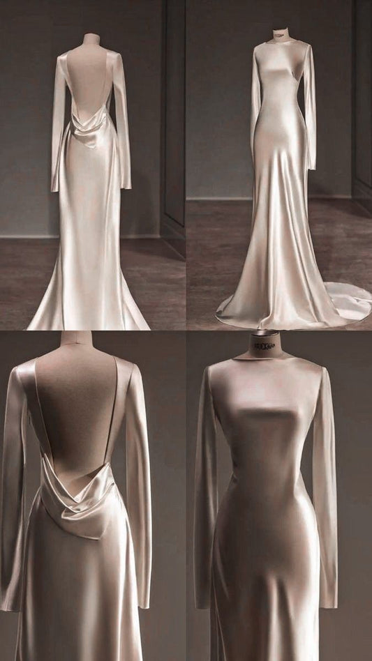 Unique Mermaid Backless Satin Pleats Long Sleeves Wedding Dress SD2011