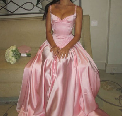 Elegant A Line Spaghetti Straps Floor-length Satin Long Pink Evening Dress Prom Dresses SD2033