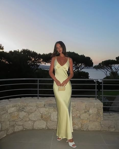 Pretty Mermaid V Neckline Long Yellow Satin Party Dresses Prom Dresses SD2039