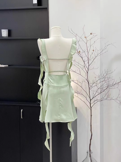 Sexy Sheath Straps Sleeveless Ruffled Sage Green Short Women's Holiday Summer Dresses SD203