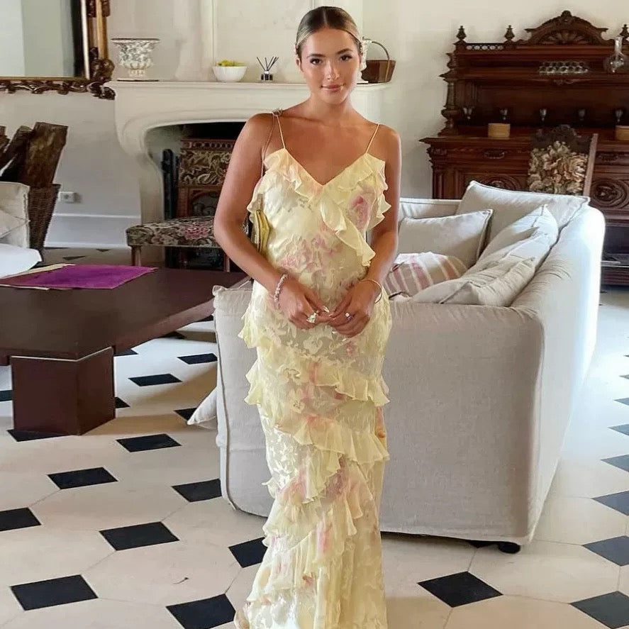 Gorgeous Mermaid Spaghetti Straps Floor Length Floral Yellow Chiffon Evening Dress Prom Dresses SD2045