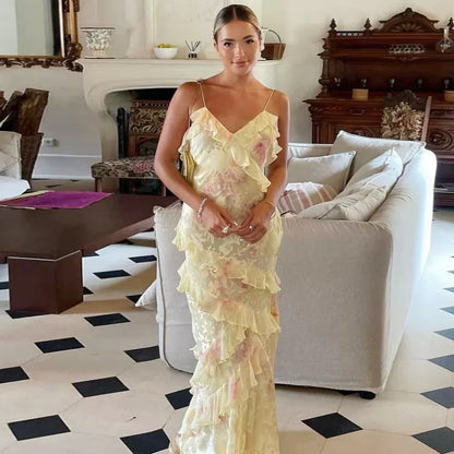 Gorgeous Mermaid Spaghetti Straps Floor Length Floral Yellow Chiffon Evening Dress Prom Dresses SD2045