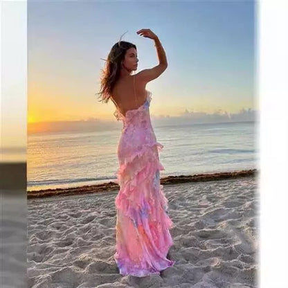 Gorgeous Mermaid Spaghetti Straps Floor Length Floral Yellow Chiffon Evening Dress Prom Dresses SD2045