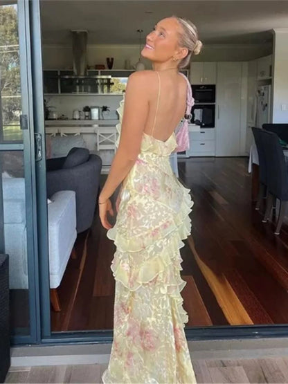 Gorgeous Mermaid Spaghetti Straps Floor Length Floral Yellow Chiffon Evening Dress Prom Dresses SD2045