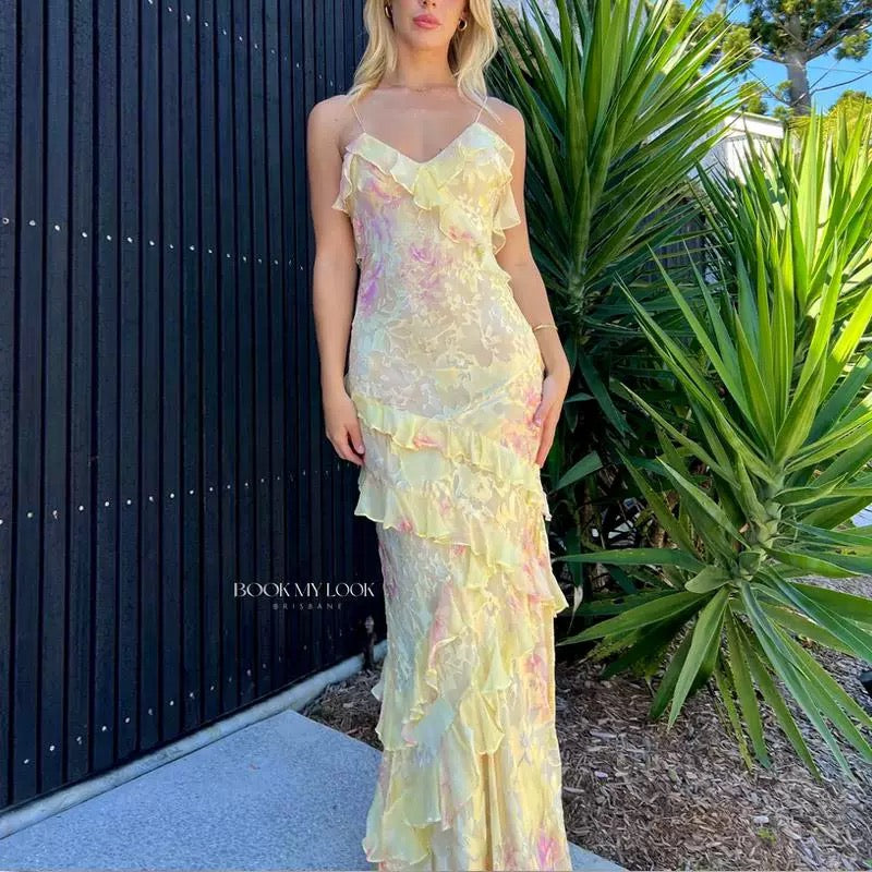 Gorgeous Mermaid Spaghetti Straps Floor Length Floral Yellow Chiffon Evening Dress Prom Dresses SD2045