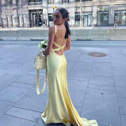 Gorgeous Mermaid Spaghetti Straps Floor Length Yellow Evening Dress Backless Prom Dresses SD2163