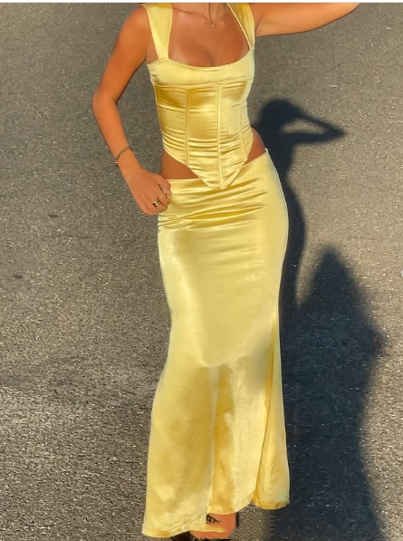 Elegant Sheath Square Neckline 2 Pieces Floor-length Satin Long Yellow Evening Dress Prom Dresses SD2052