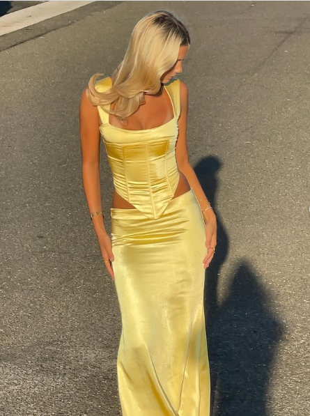 Elegant Sheath Square Neckline 2 Pieces Floor-length Satin Long Yellow Evening Dress Prom Dresses SD2052