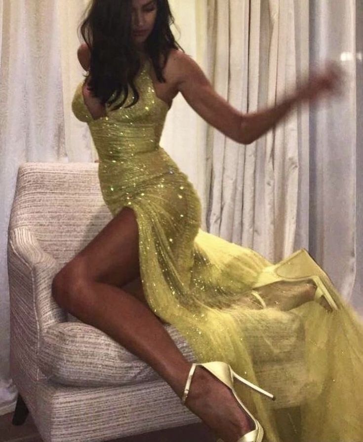 Gorgeous Mermaid Straps Floor-length Sequin Yellow Slit Evening Dress Prom Dresses SD2053