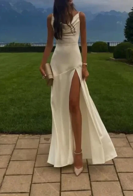 Gorgeous Mermaid Spaghetti Straps Floor-length White Slit Evening Dress Prom Dresses SD2055