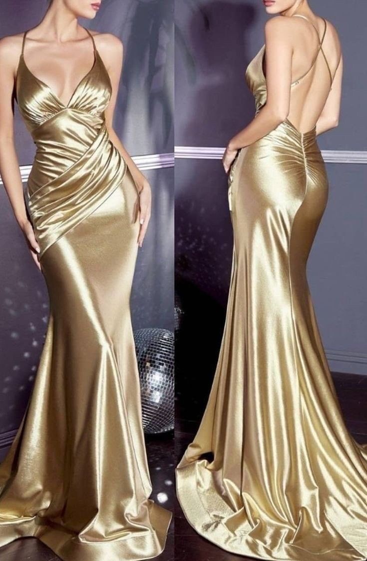 Gorgeous Mermaid Halter Floor Length Gold Satin Evening Dress Prom Dresses SD2060