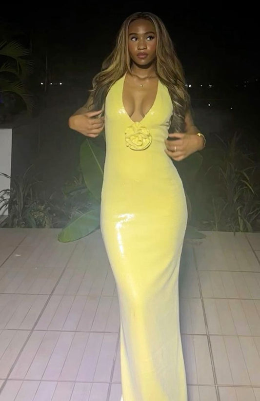 Classy Mermaid V Neckline Sequin Yellow Long Evening Dress Prom Dresses SD2065